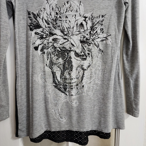 Vocal Gray Women's Rhinestone Bling Skull Floral Long Sleeve Medium Made in USA - Picture 6 of 14